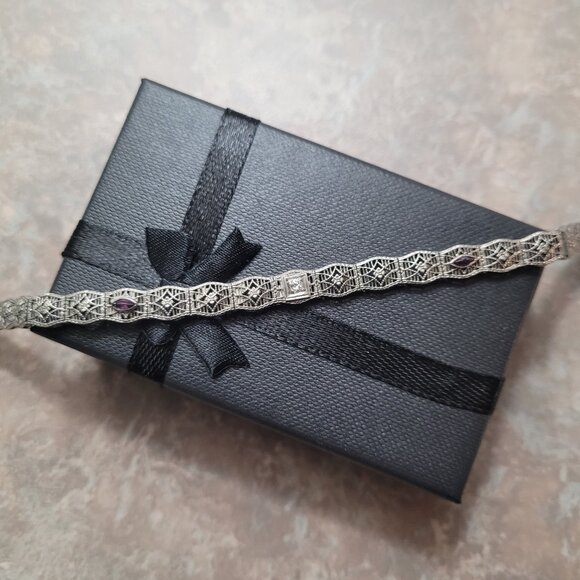 Art Deco Diamond Amethyst Filigree Antique Bracelet 10k White Gold Price is Firm - Picture 4 of 16